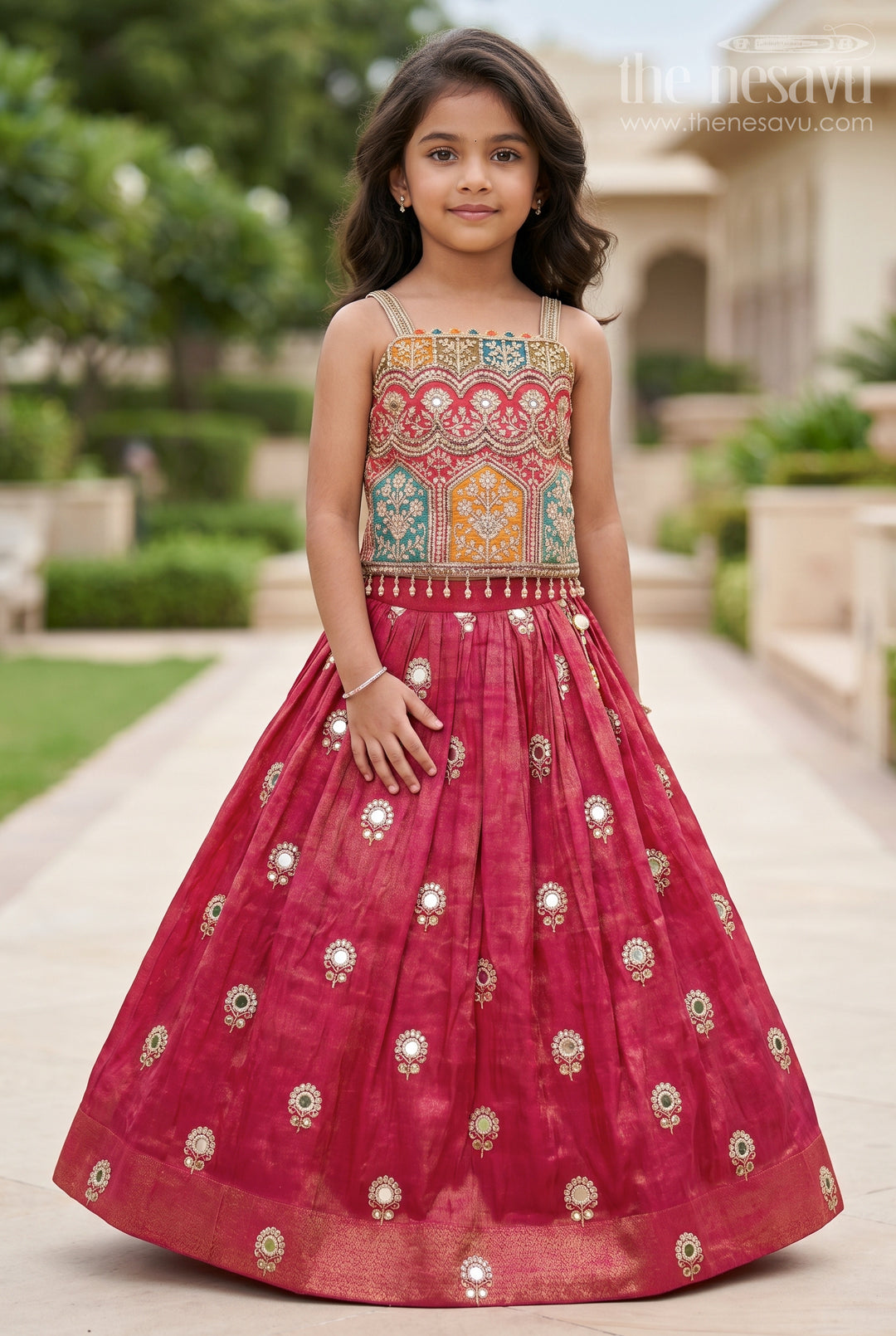 The Nesavu Girls Lehenga Choli Toddler Girl Lehenga Set for Temple Visits and Family Festivals Nesavu 16 (1Y) / Red GL824A-16 Nesavu toddler girl lehenga choli multicolor embroidery temple festive occasions