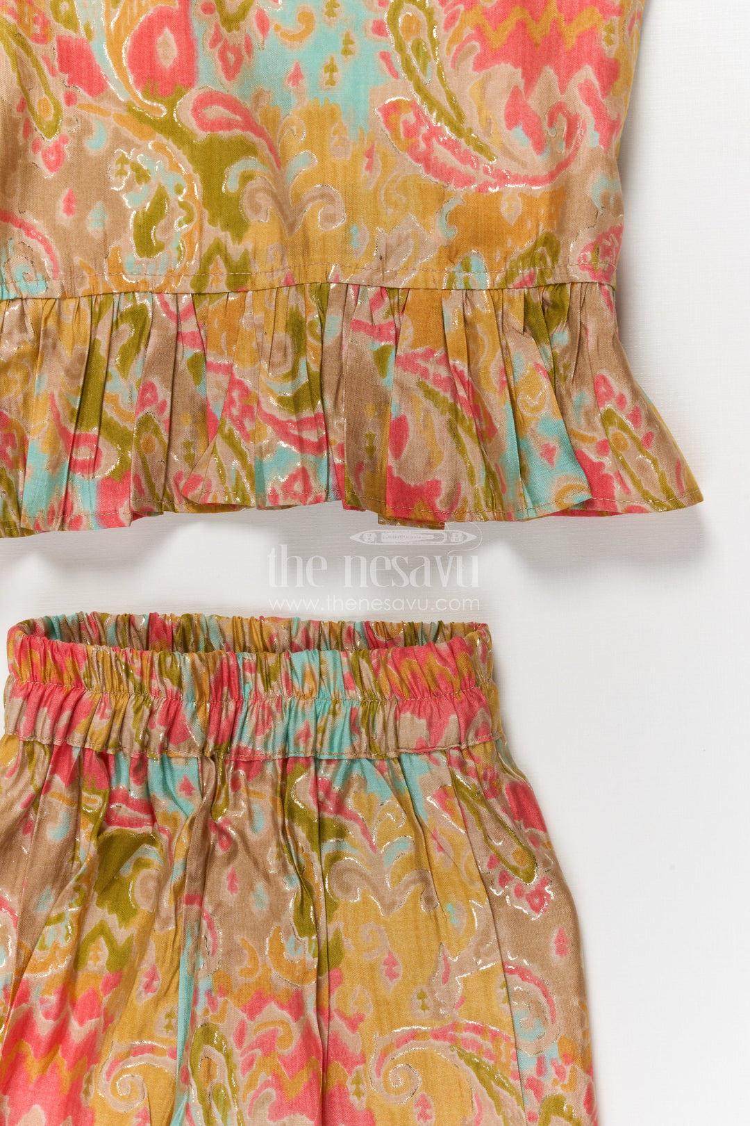 The Nesavu Girls Co-Ord Sets Toddler Girl Modal Silk Co-ord Set for Festivals and Ethnic School Days Nesavu Nesavu toddler girl modal silk co-ord set with tie-up top and ethnic prints for festive days