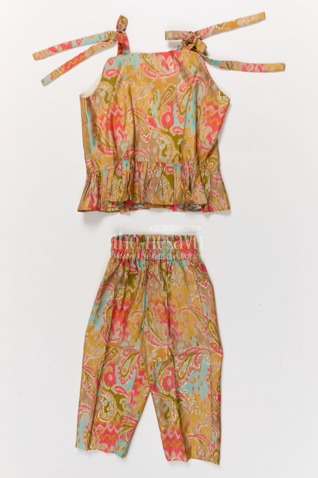 The Nesavu Girls Co-Ord Sets Toddler Girl Modal Silk Co-ord Set for Festivals and Ethnic School Days Nesavu Nesavu toddler girl modal silk co-ord set with tie-up top and ethnic prints for festive days