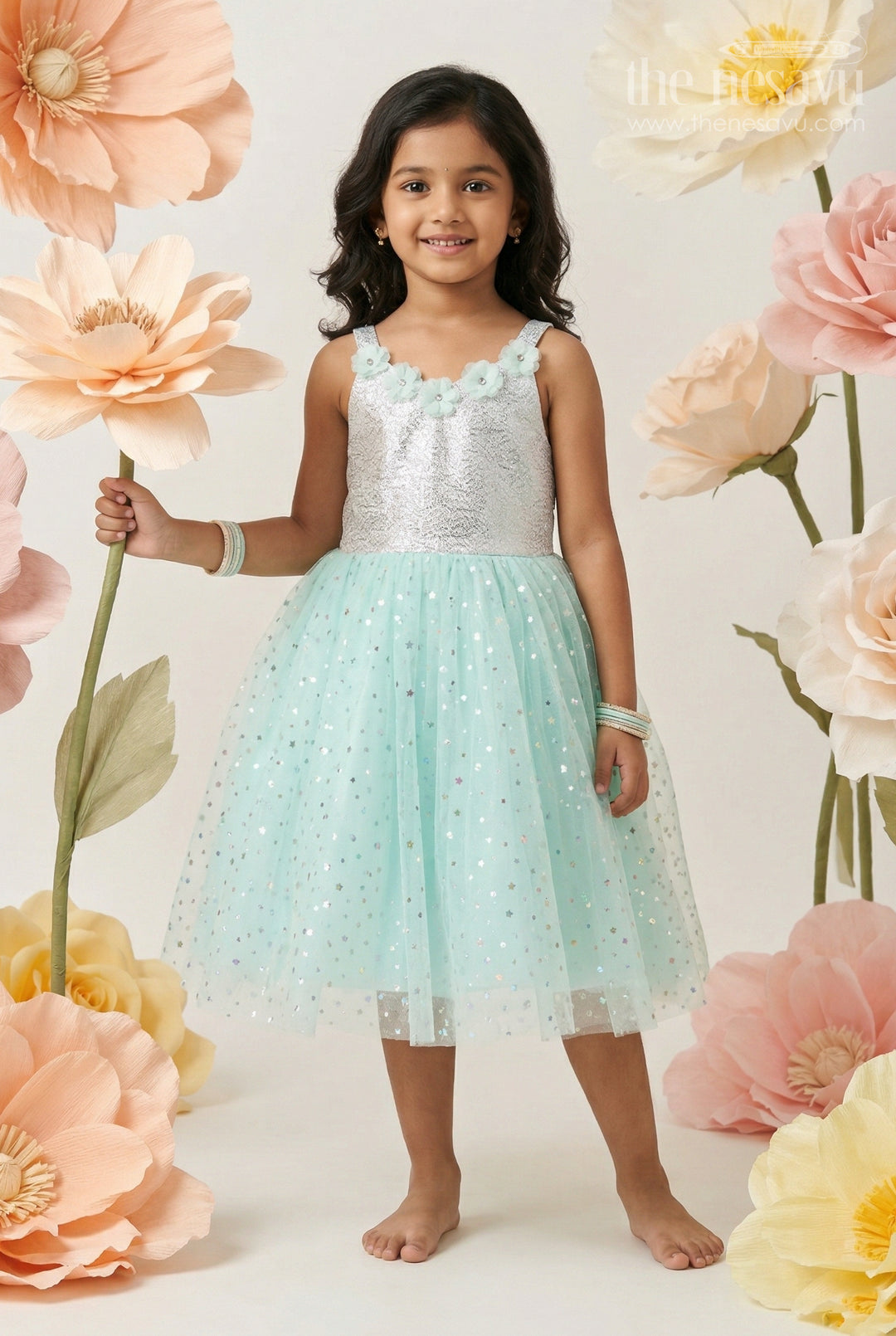 The Nesavu Girls Fancy Party Frock Toddler Girl Party Dress for Photoshoots and Evening Functions Nesavu 14 (6M) / Green / Shimmer PF297B-14 Nesavu Toddler Girl Party Dress For Photoshoots And Evening Functions With Shimmer And Soft Net Flare
