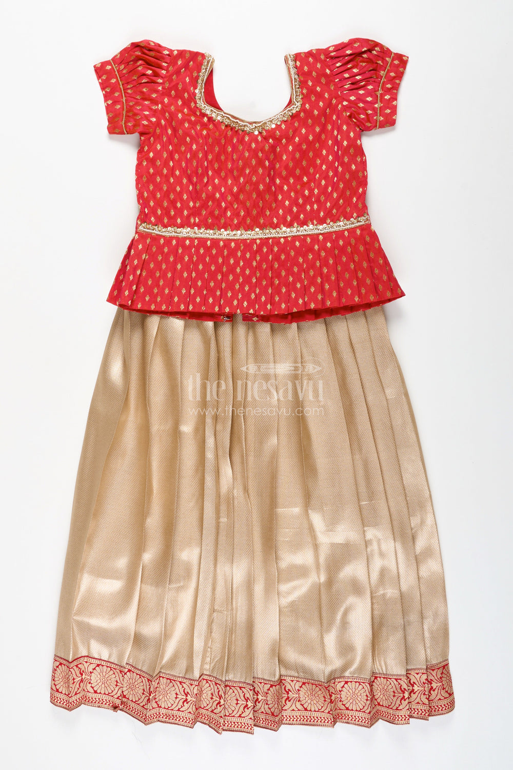 The Nesavu Pattu Pavadai Toddler Girl Pattu Pavadai for Festivals and Family Functions Nesavu 26 (6Y) / Red GPP320A-26 Nesavu toddler girl pattu pavadai festive wear zari blouse tissue skirt