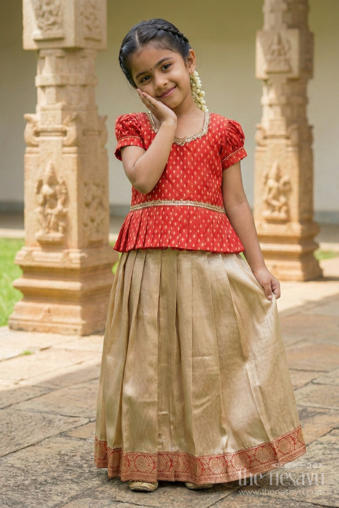 The Nesavu Pattu Pavadai Toddler Girl Pattu Pavadai for Festivals and Family Functions Nesavu 26 (6Y) / Red GPP320A-26 Nesavu toddler girl pattu pavadai festive wear zari blouse tissue skirt