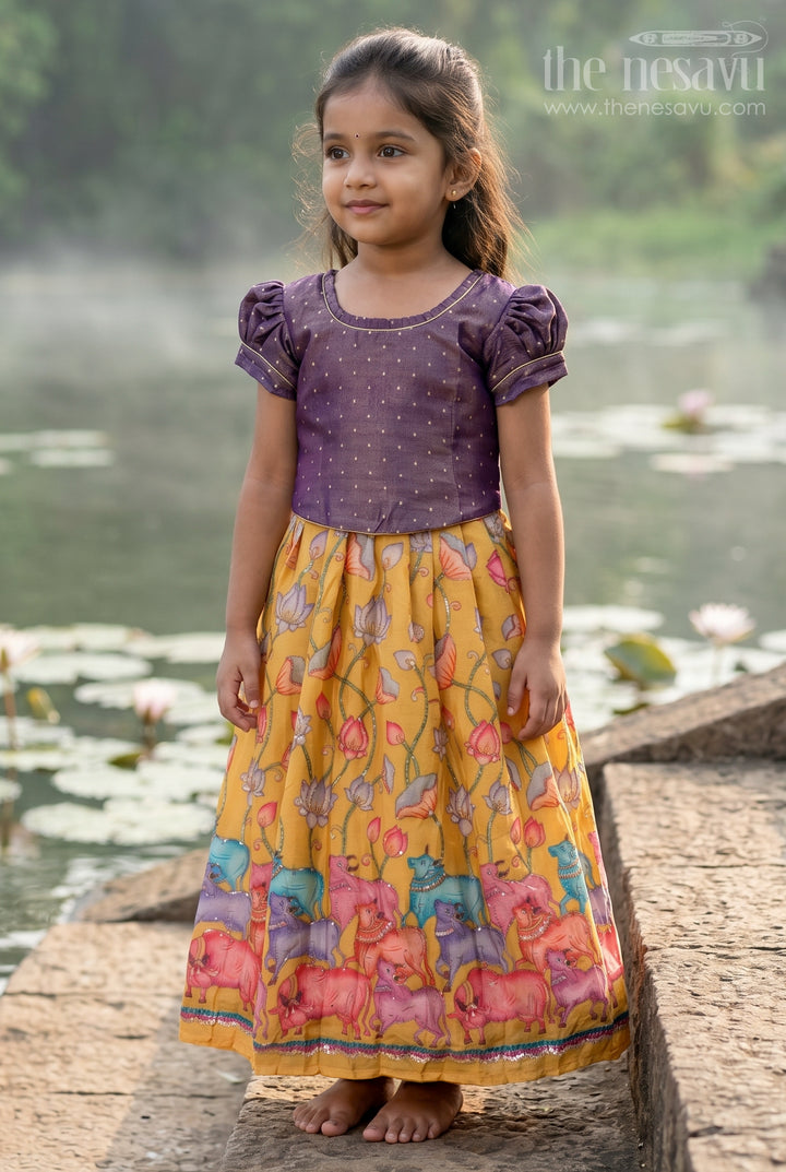 The Nesavu Pattu Pavadai Toddler Girl Pattu Pavadai for Festive Events and Birthdays Nesavu 18 (2Y) / Purple / Semi Banarasi GPP395A-18 Nesavu Toddler Girl Pattu Pavadai With Artistic Printed Skirt And Sequence Embroidered Blouse