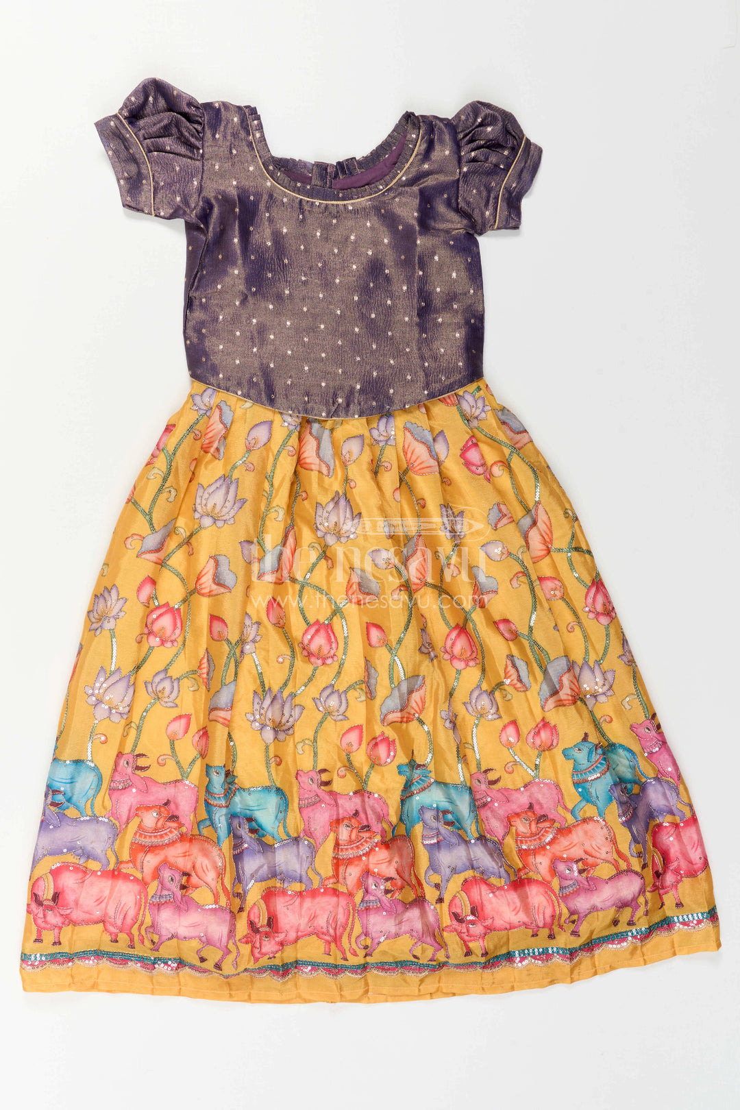 The Nesavu Pattu Pavadai Toddler Girl Pattu Pavadai for Festive Events and Birthdays Nesavu Nesavu Toddler Girl Pattu Pavadai With Artistic Printed Skirt And Sequence Embroidered Blouse