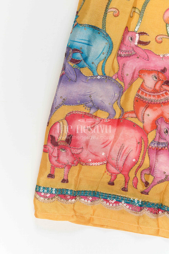 The Nesavu Pattu Pavadai Toddler Girl Pattu Pavadai for Festive Events and Birthdays Nesavu Nesavu Toddler Girl Pattu Pavadai With Artistic Printed Skirt And Sequence Embroidered Blouse