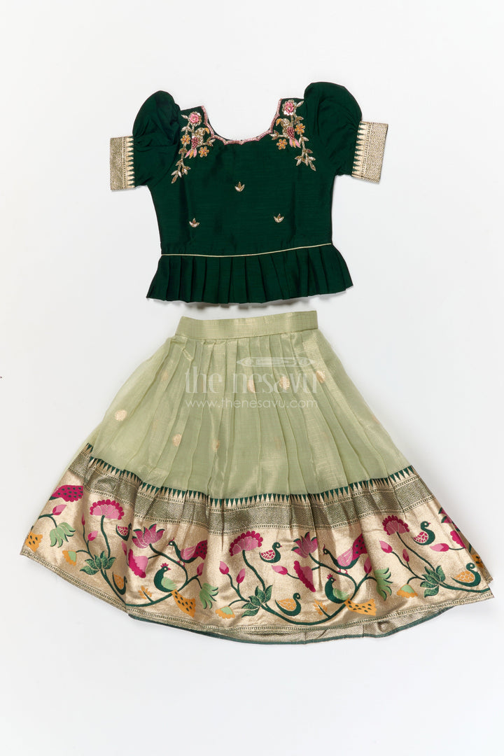 The Nesavu Pattu Pavadai Toddler Girl Pattu Pavadai for Festive Occasions and Cultural Events Nesavu 16 (1Y) / Green / Silk Blend GPP367B-16 Nesavu toddler girl pattu pavadai set with zari border for festive and ethnic celebrations