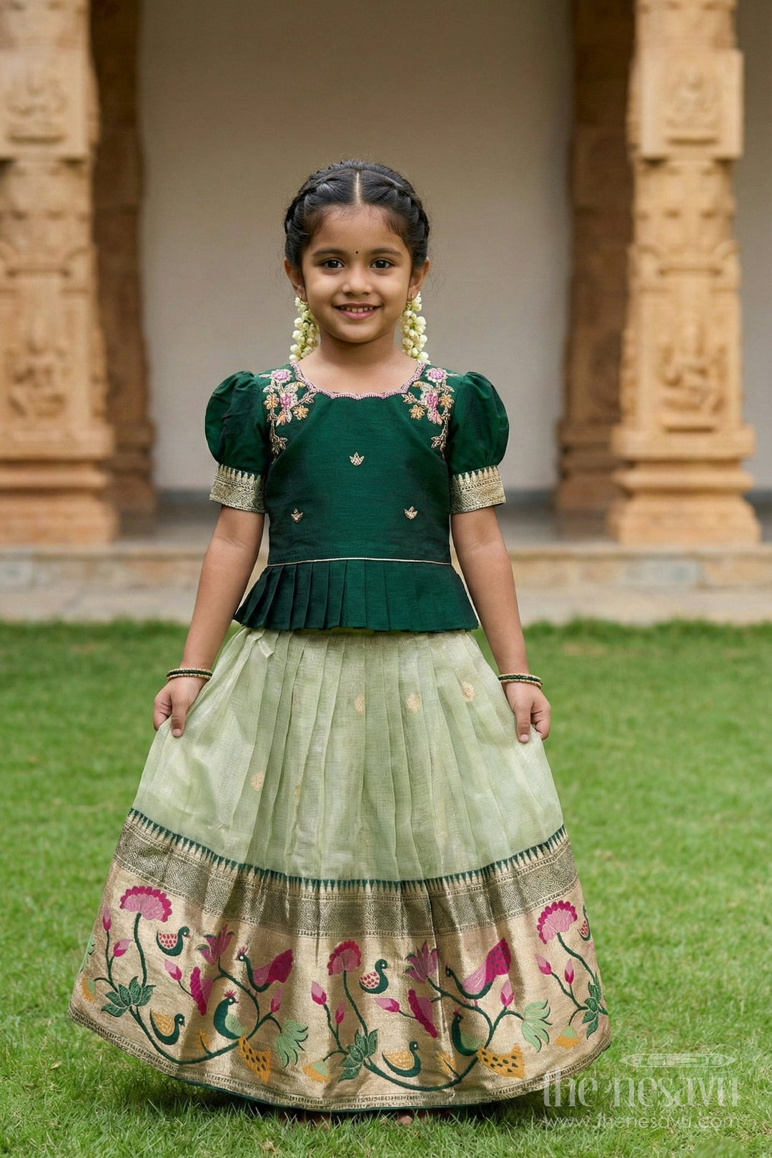 The Nesavu Pattu Pavadai Toddler Girl Pattu Pavadai for Festive Occasions and Cultural Events Nesavu Nesavu toddler girl pattu pavadai set with zari border for festive and ethnic celebrations