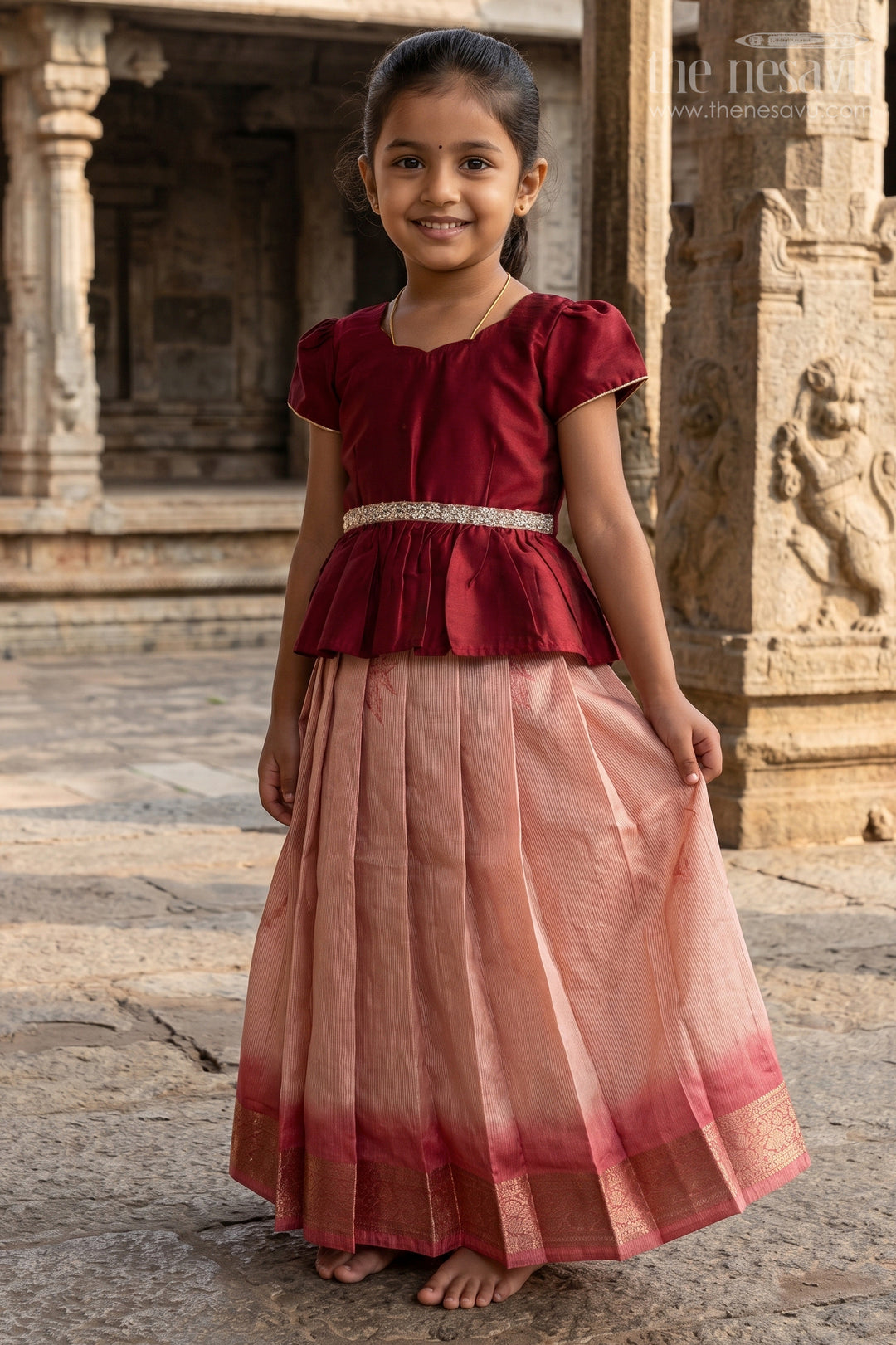 The Nesavu Pattu Pavadai Toddler Girl Pattu Pavadai for Traditional Functions and Festive Wear Nesavu 18 (2Y) / Red / Banarasi GPP377B-18 Nesavu toddler girl pattu pavadai for festive wear and traditional functions with semi banaras silk comfort fit