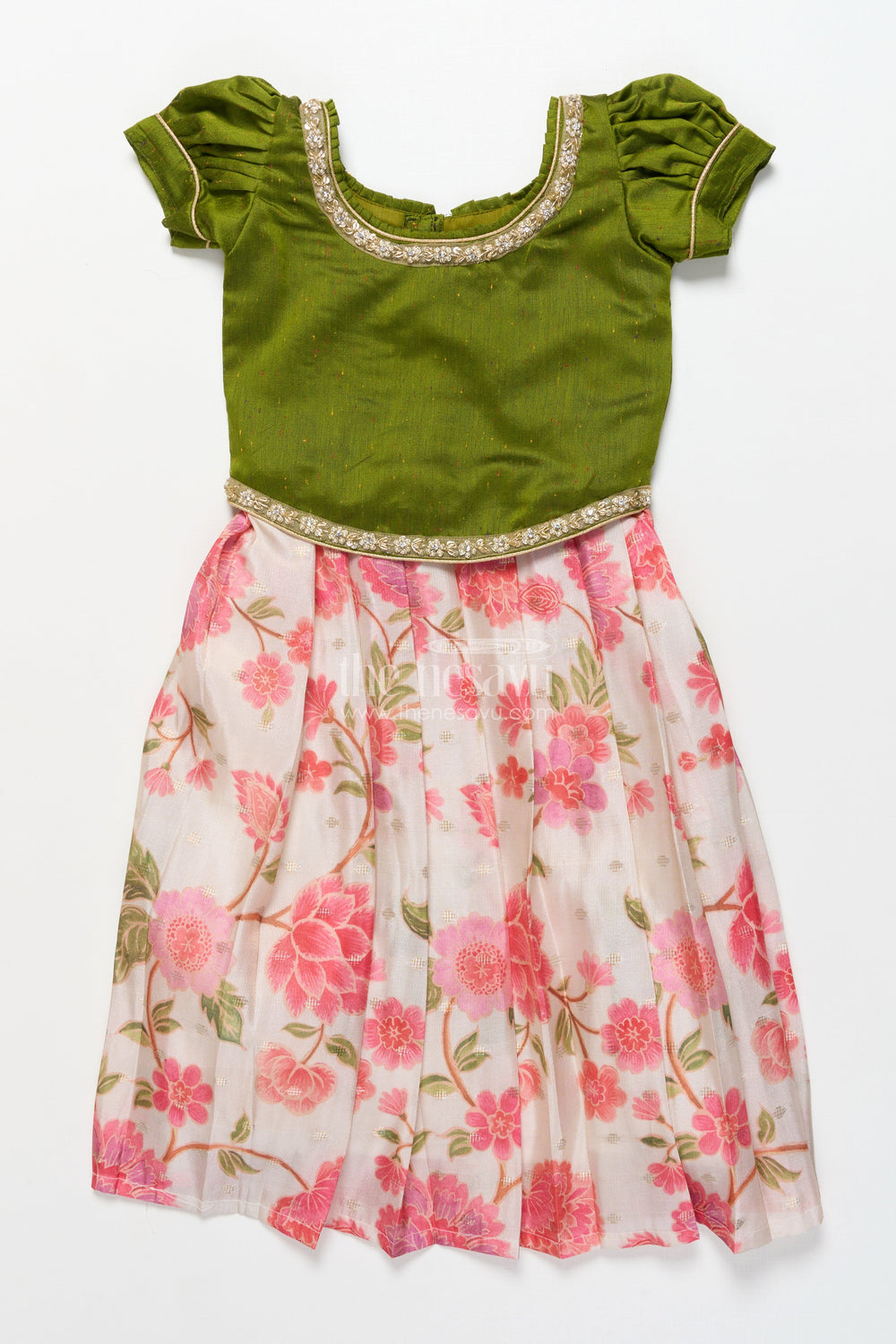 The Nesavu Pattu Pavadai Toddler Girl Pattu Pavadai in Green with Floral Printed Skirt for Festive Wear Nesavu 18 (2Y) / Green GPP333A-18 Nesavu toddler girl green pattu pavadai floral printed skirt festive occasions