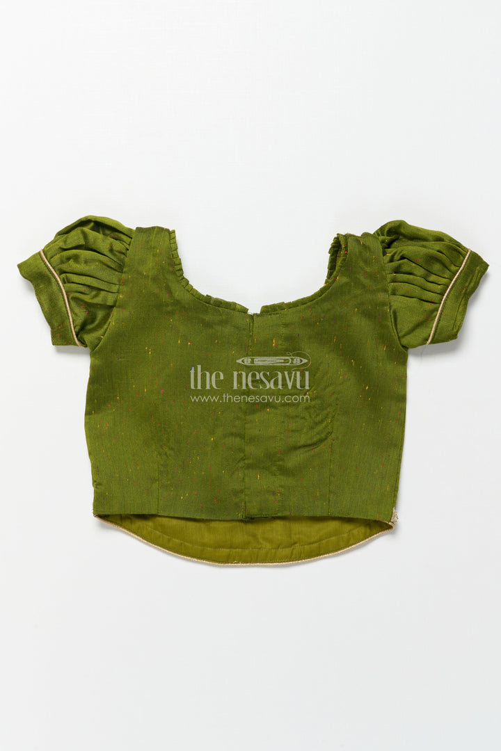 The Nesavu Pattu Pavadai Toddler Girl Pattu Pavadai in Green with Floral Printed Skirt for Festive Wear Nesavu Nesavu toddler girl green pattu pavadai floral printed skirt festive occasions