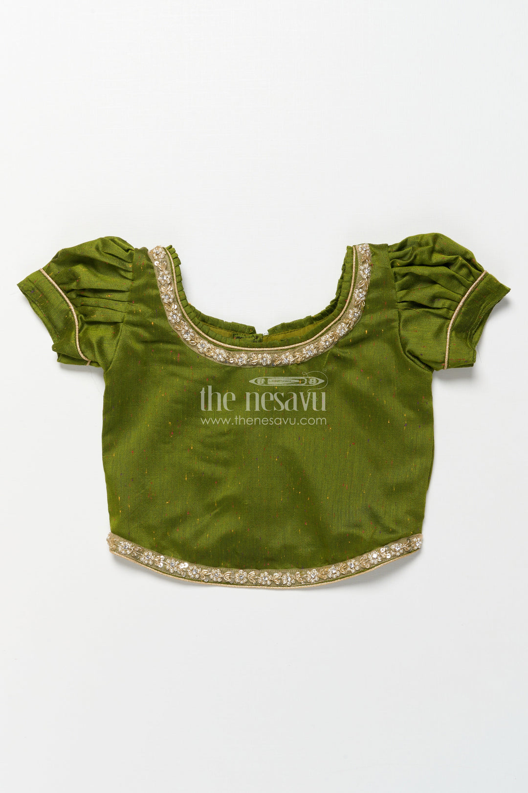 The Nesavu Pattu Pavadai Toddler Girl Pattu Pavadai in Green with Floral Printed Skirt for Festive Wear Nesavu Nesavu toddler girl green pattu pavadai floral printed skirt festive occasions