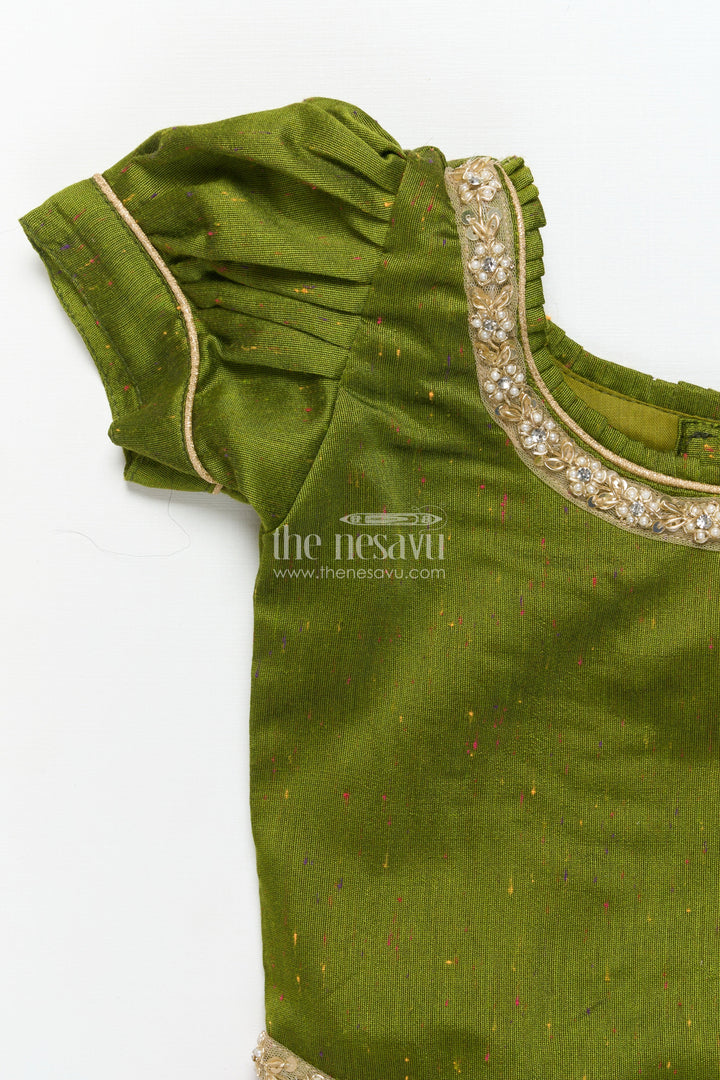 The Nesavu Pattu Pavadai Toddler Girl Pattu Pavadai in Green with Floral Printed Skirt for Festive Wear Nesavu Nesavu toddler girl green pattu pavadai floral printed skirt festive occasions