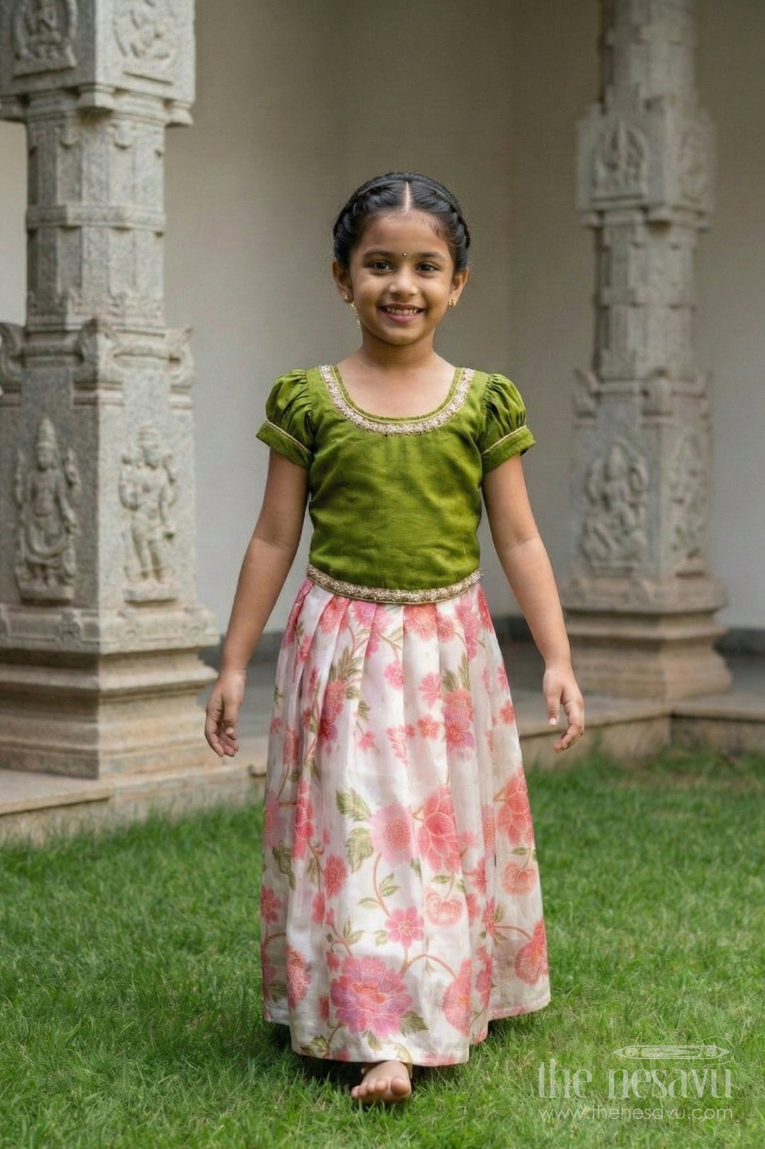 The Nesavu Pattu Pavadai Toddler Girl Pattu Pavadai in Green with Floral Printed Skirt for Festive Wear Nesavu Nesavu toddler girl green pattu pavadai floral printed skirt festive occasions