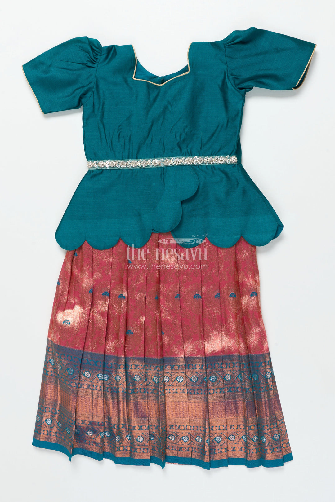 The Nesavu Pattu Pavadai Toddler Girl Pattu Pavadai with Chanderi Yoke for Festive Functions Nesavu 18 (2Y) / Green GPP343A-18 Nesavu toddler girl pattu pavadai with chanderi yoke and semi Banaras skirt for festive celebrations