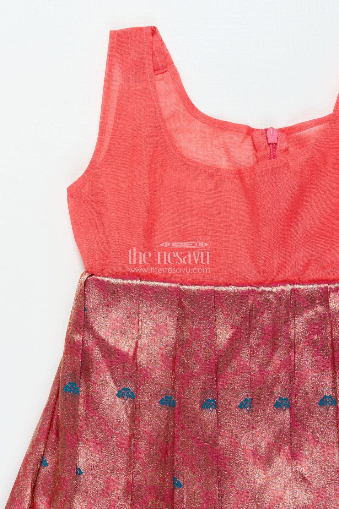 The Nesavu Pattu Pavadai Toddler Girl Pattu Pavadai with Chanderi Yoke for Festive Functions Nesavu Nesavu toddler girl pattu pavadai with chanderi yoke and semi Banaras skirt for festive celebrations