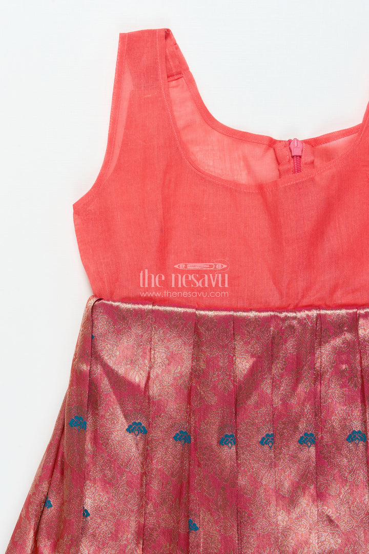 The Nesavu Pattu Pavadai Toddler Girl Pattu Pavadai with Chanderi Yoke for Festive Functions Nesavu Nesavu toddler girl pattu pavadai with chanderi yoke and semi Banaras skirt for festive celebrations