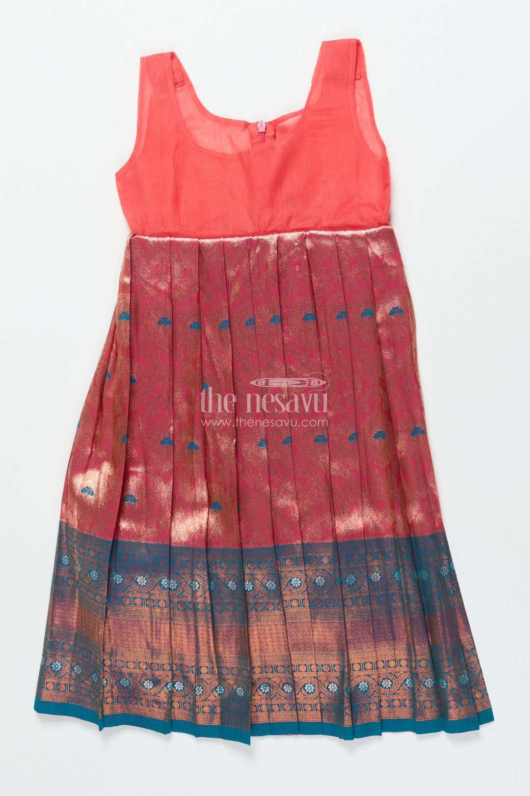 The Nesavu Pattu Pavadai Toddler Girl Pattu Pavadai with Chanderi Yoke for Festive Functions Nesavu Nesavu toddler girl pattu pavadai with chanderi yoke and semi Banaras skirt for festive celebrations