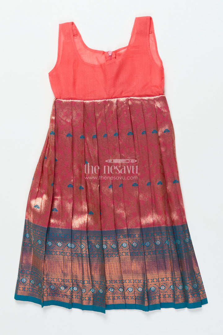 The Nesavu Pattu Pavadai Toddler Girl Pattu Pavadai with Chanderi Yoke for Festive Functions Nesavu Nesavu toddler girl pattu pavadai with chanderi yoke and semi Banaras skirt for festive celebrations