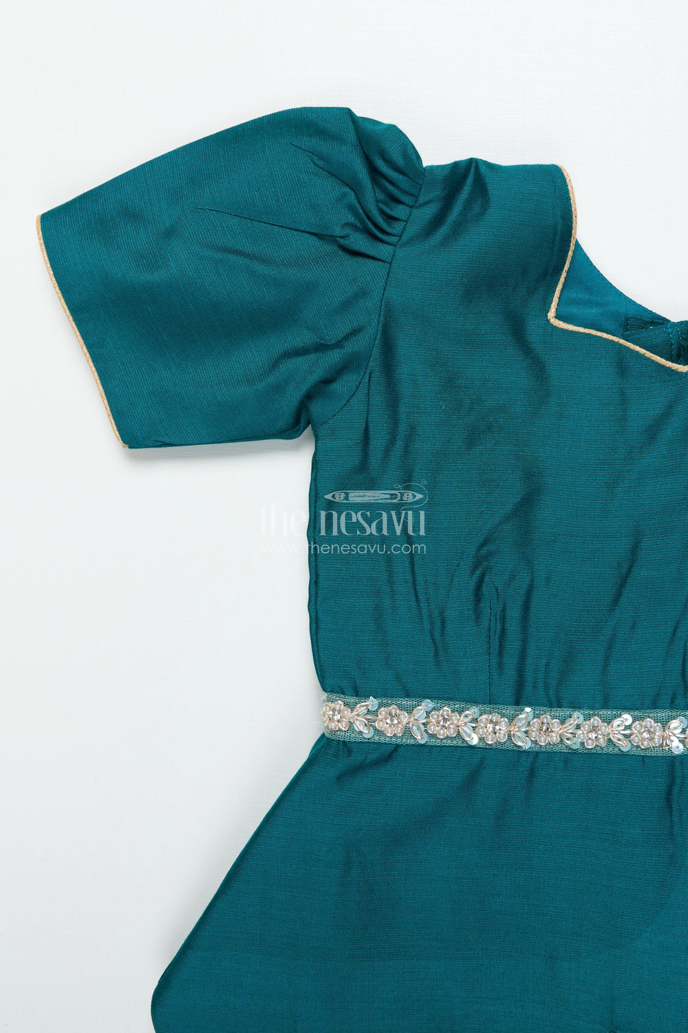 The Nesavu Pattu Pavadai Toddler Girl Pattu Pavadai with Chanderi Yoke for Festive Functions Nesavu Nesavu toddler girl pattu pavadai with chanderi yoke and semi Banaras skirt for festive celebrations