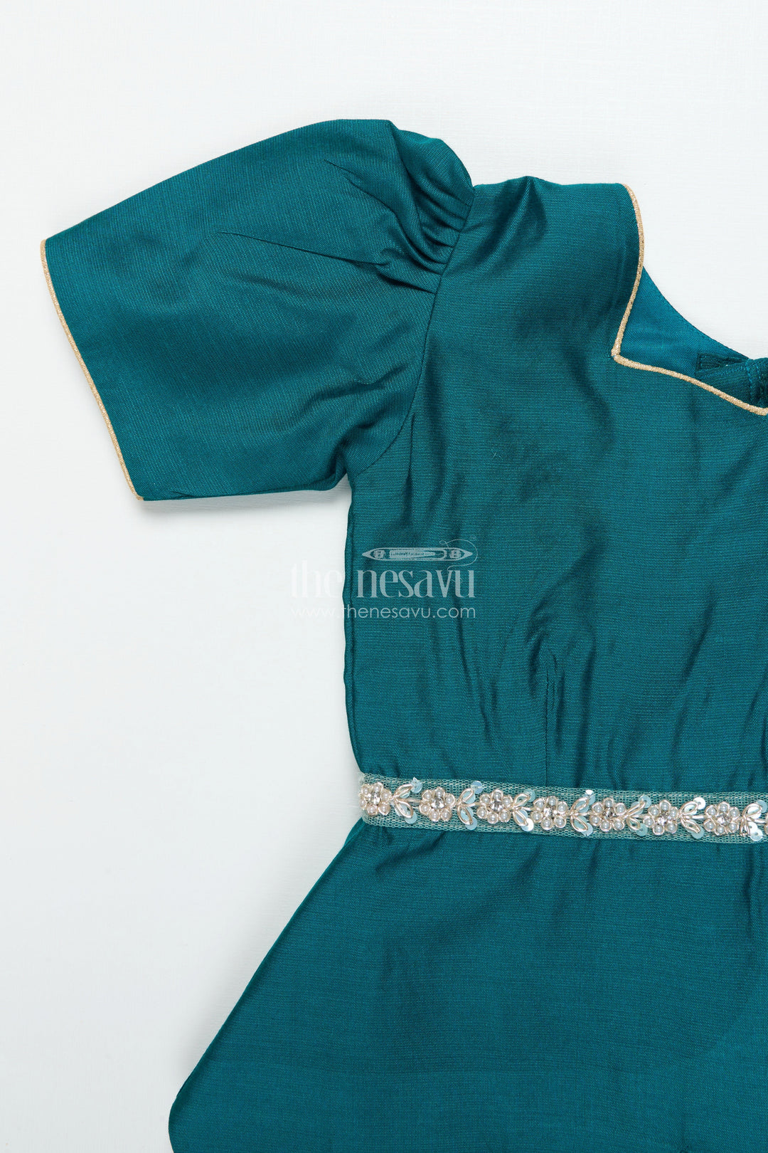 The Nesavu Pattu Pavadai Toddler Girl Pattu Pavadai with Chanderi Yoke for Festive Functions Nesavu Nesavu toddler girl pattu pavadai with chanderi yoke and semi Banaras skirt for festive celebrations