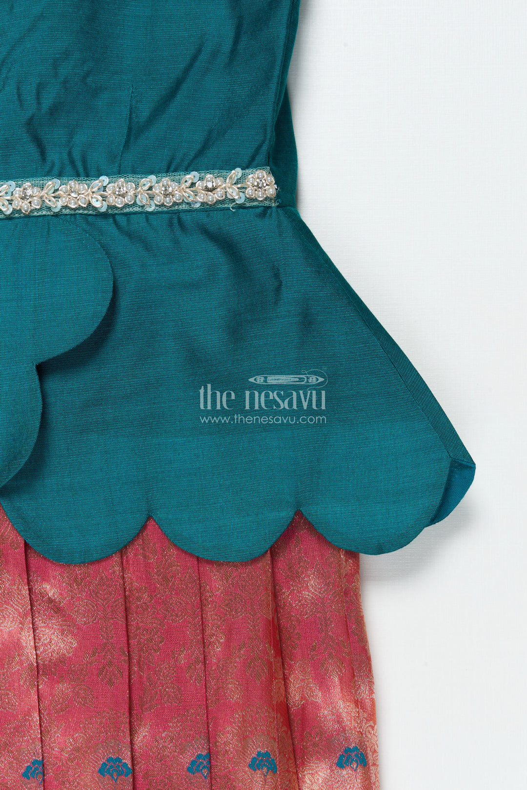The Nesavu Pattu Pavadai Toddler Girl Pattu Pavadai with Chanderi Yoke for Festive Functions Nesavu Nesavu toddler girl pattu pavadai with chanderi yoke and semi Banaras skirt for festive celebrations