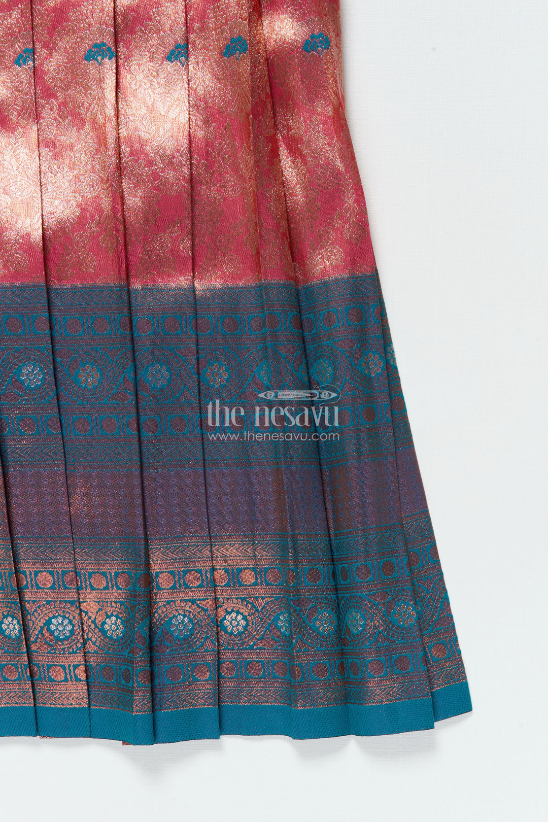 The Nesavu Pattu Pavadai Toddler Girl Pattu Pavadai with Chanderi Yoke for Festive Functions Nesavu Nesavu toddler girl pattu pavadai with chanderi yoke and semi Banaras skirt for festive celebrations