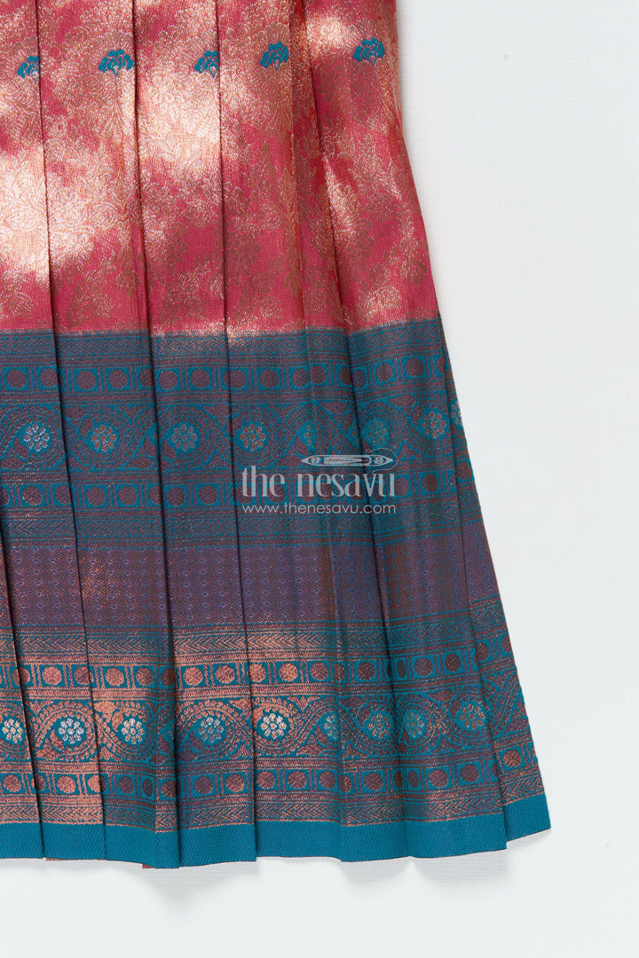 The Nesavu Pattu Pavadai Toddler Girl Pattu Pavadai with Chanderi Yoke for Festive Functions Nesavu Nesavu toddler girl pattu pavadai with chanderi yoke and semi Banaras skirt for festive celebrations