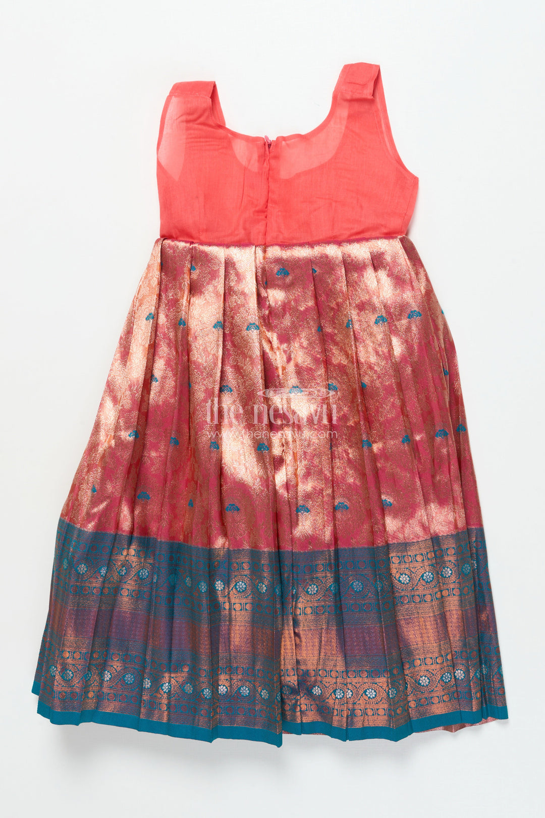 The Nesavu Pattu Pavadai Toddler Girl Pattu Pavadai with Chanderi Yoke for Festive Functions Nesavu Nesavu toddler girl pattu pavadai with chanderi yoke and semi Banaras skirt for festive celebrations