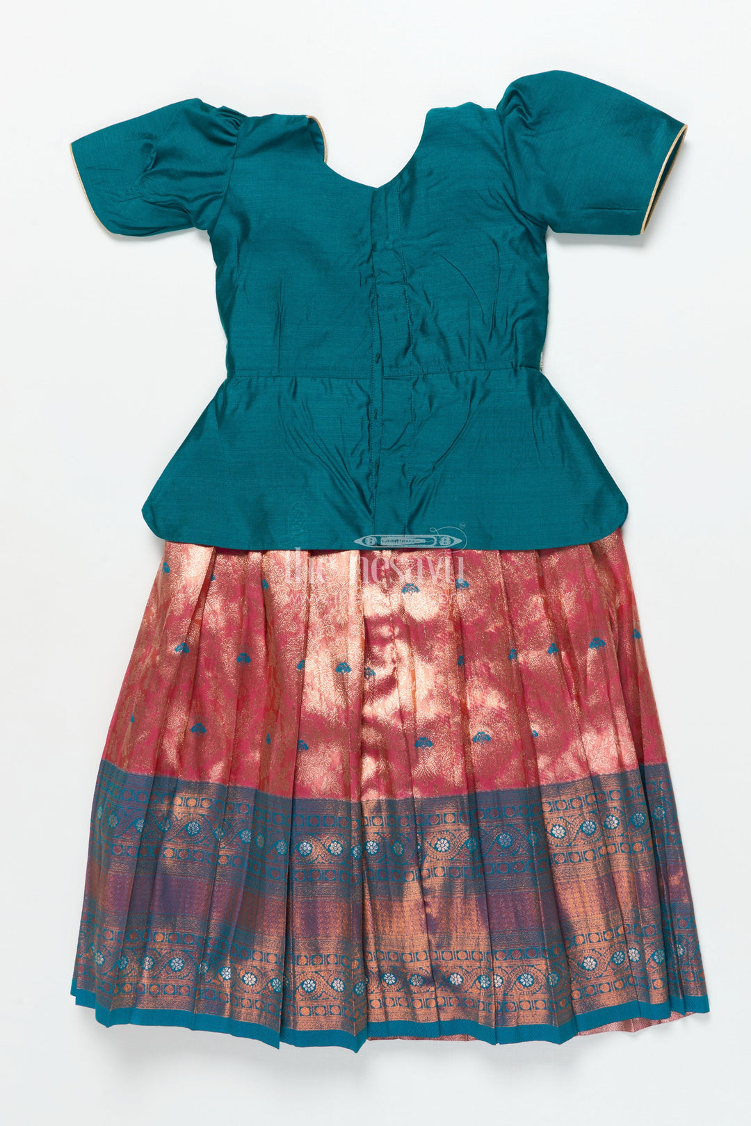 The Nesavu Pattu Pavadai Toddler Girl Pattu Pavadai with Chanderi Yoke for Festive Functions Nesavu Nesavu toddler girl pattu pavadai with chanderi yoke and semi Banaras skirt for festive celebrations