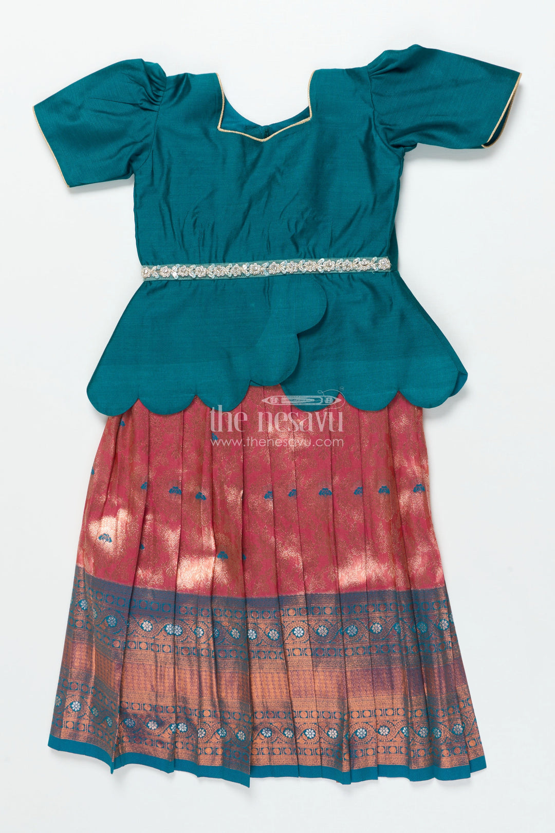 The Nesavu Pattu Pavadai Toddler Girl Pattu Pavadai with Chanderi Yoke for Festive Functions Nesavu Nesavu toddler girl pattu pavadai with chanderi yoke and semi Banaras skirt for festive celebrations