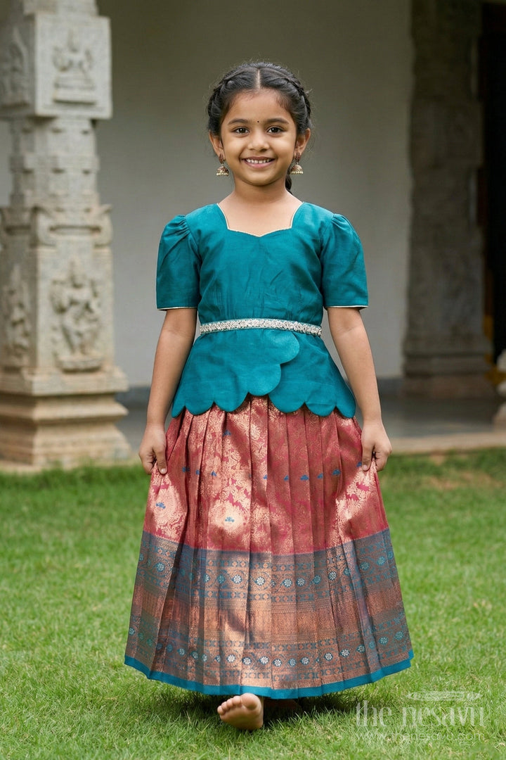 The Nesavu Pattu Pavadai Toddler Girl Pattu Pavadai with Chanderi Yoke for Festive Functions Nesavu Nesavu toddler girl pattu pavadai with chanderi yoke and semi Banaras skirt for festive celebrations