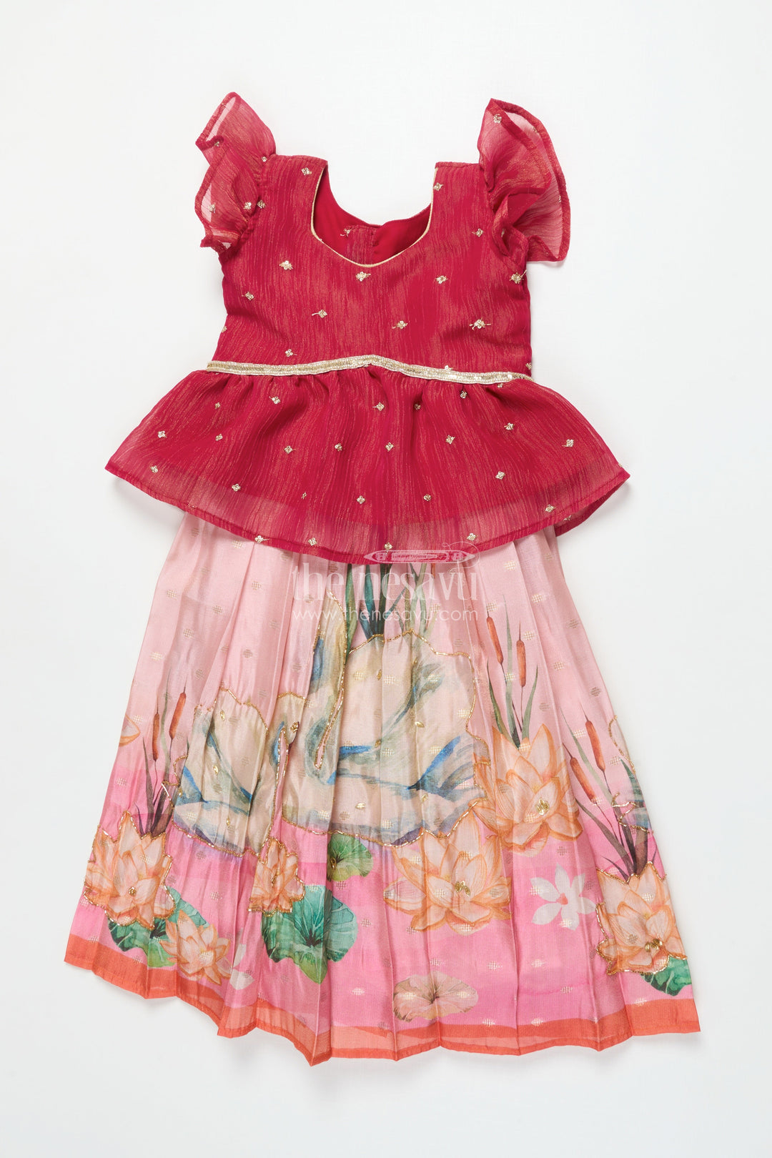 The Nesavu Pattu Pavadai Toddler Girl Pattu Pavadai with Floral Skirt and Semi Banaras Yoke Nesavu 18 (2Y) / Pink GPP342A-18 Nesavu toddler girl pink floral pattu pavadai with semi Banaras blouse for traditional occasions