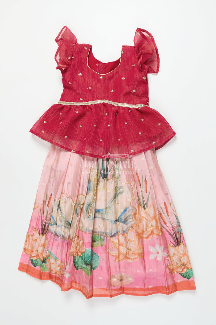 The Nesavu Pattu Pavadai Toddler Girl Pattu Pavadai with Floral Skirt and Semi Banaras Yoke Nesavu 18 (2Y) / Pink GPP342A-18 Nesavu toddler girl pink floral pattu pavadai with semi Banaras blouse for traditional occasions