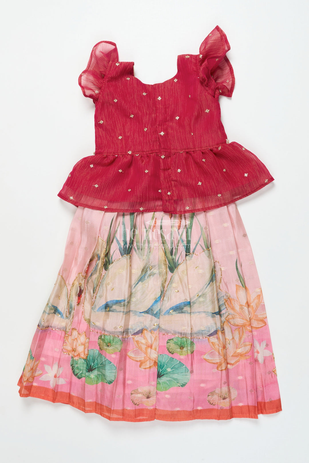 The Nesavu Pattu Pavadai Toddler Girl Pattu Pavadai with Floral Skirt and Semi Banaras Yoke Nesavu Nesavu toddler girl pink floral pattu pavadai with semi Banaras blouse for traditional occasions