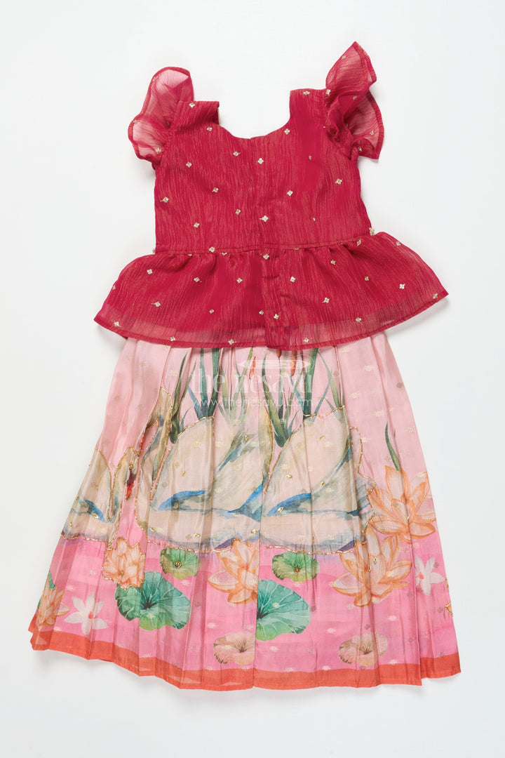 The Nesavu Pattu Pavadai Toddler Girl Pattu Pavadai with Floral Skirt and Semi Banaras Yoke Nesavu Nesavu toddler girl pink floral pattu pavadai with semi Banaras blouse for traditional occasions