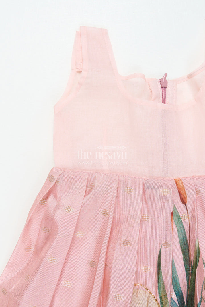 The Nesavu Pattu Pavadai Toddler Girl Pattu Pavadai with Floral Skirt and Semi Banaras Yoke Nesavu Nesavu toddler girl pink floral pattu pavadai with semi Banaras blouse for traditional occasions