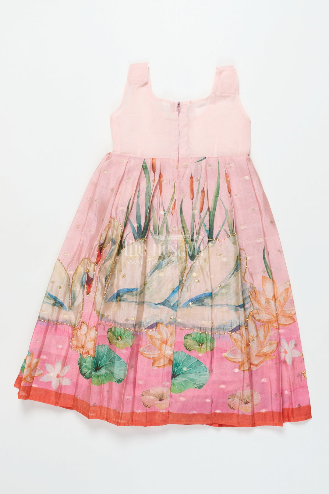 The Nesavu Pattu Pavadai Toddler Girl Pattu Pavadai with Floral Skirt and Semi Banaras Yoke Nesavu Nesavu toddler girl pink floral pattu pavadai with semi Banaras blouse for traditional occasions