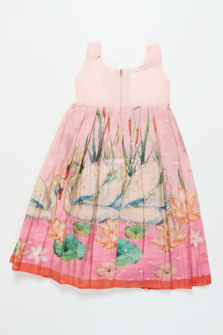 The Nesavu Pattu Pavadai Toddler Girl Pattu Pavadai with Floral Skirt and Semi Banaras Yoke Nesavu Nesavu toddler girl pink floral pattu pavadai with semi Banaras blouse for traditional occasions