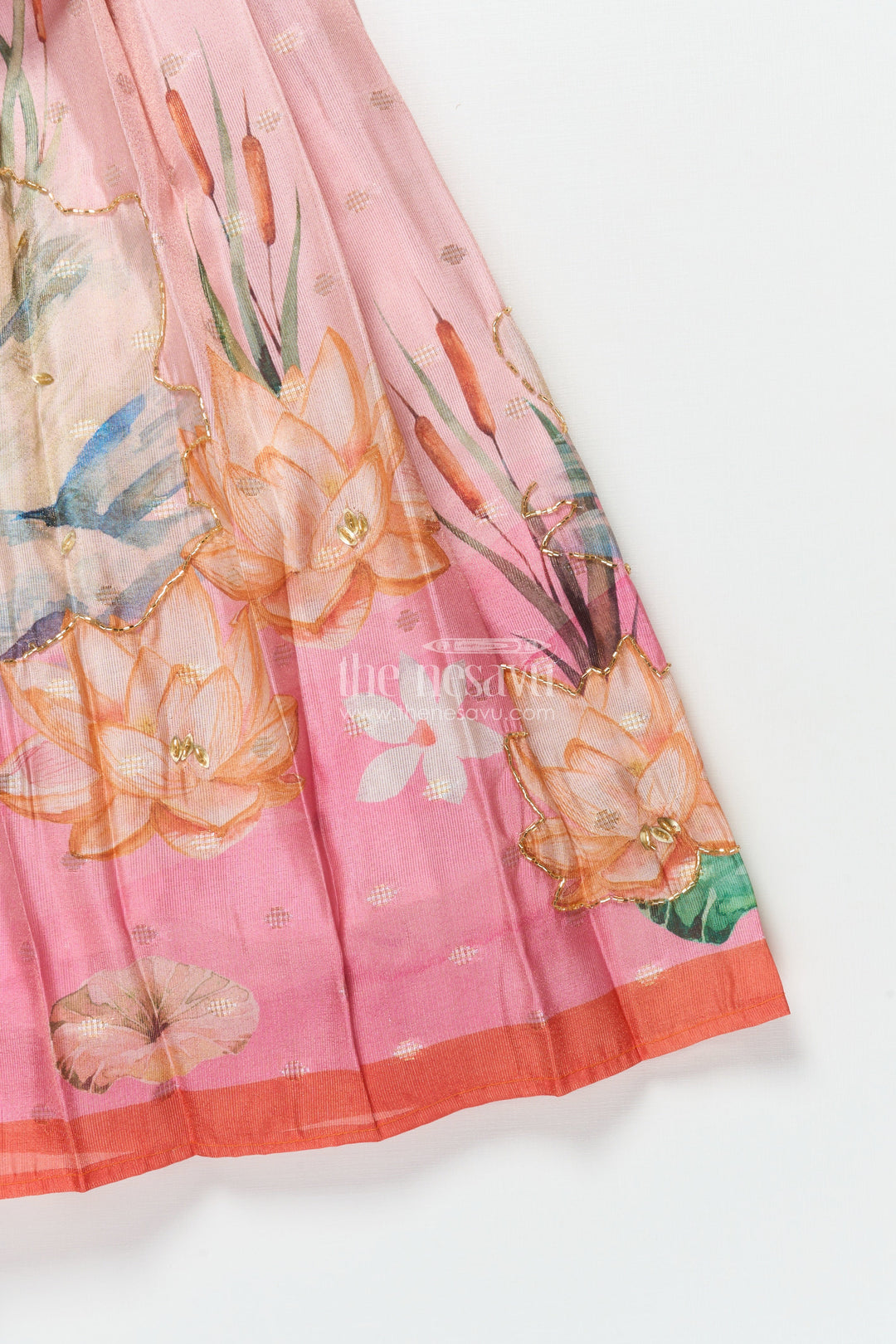 The Nesavu Pattu Pavadai Toddler Girl Pattu Pavadai with Floral Skirt and Semi Banaras Yoke Nesavu Nesavu toddler girl pink floral pattu pavadai with semi Banaras blouse for traditional occasions