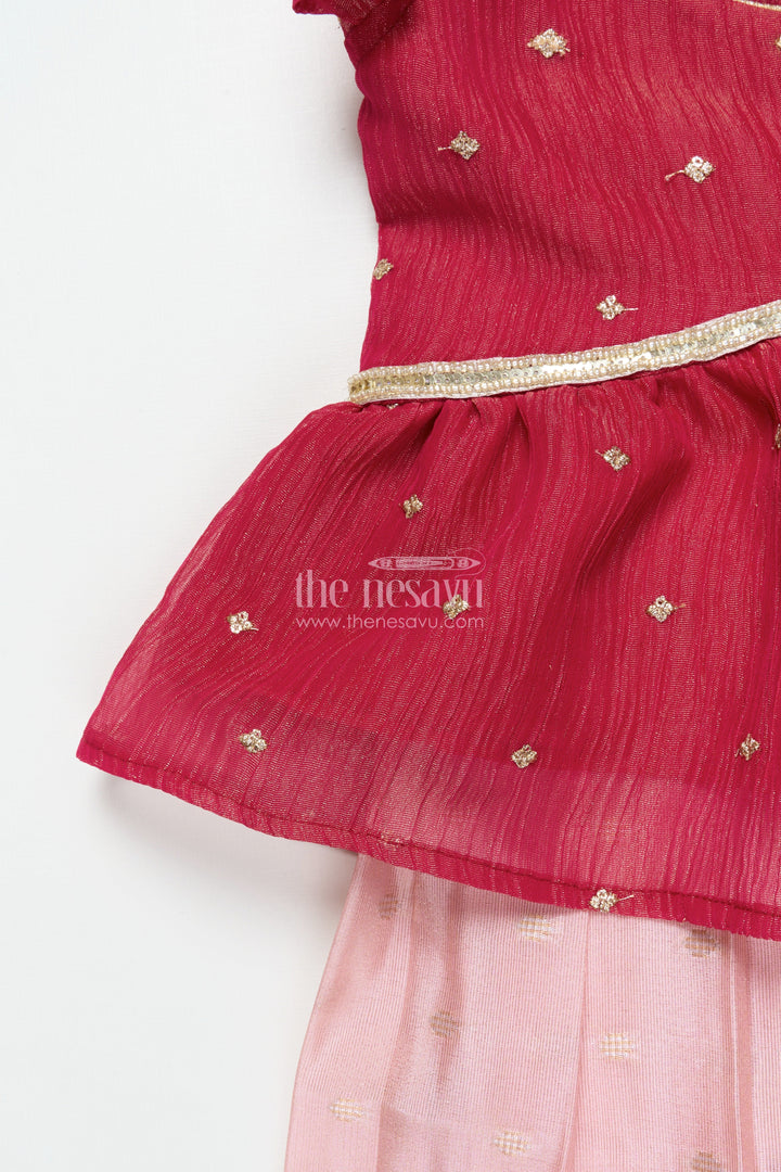 The Nesavu Pattu Pavadai Toddler Girl Pattu Pavadai with Floral Skirt and Semi Banaras Yoke Nesavu Nesavu toddler girl pink floral pattu pavadai with semi Banaras blouse for traditional occasions