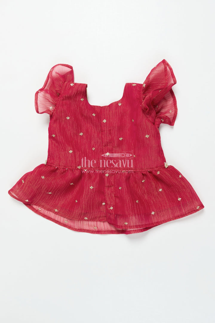 The Nesavu Pattu Pavadai Toddler Girl Pattu Pavadai with Floral Skirt and Semi Banaras Yoke Nesavu Nesavu toddler girl pink floral pattu pavadai with semi Banaras blouse for traditional occasions