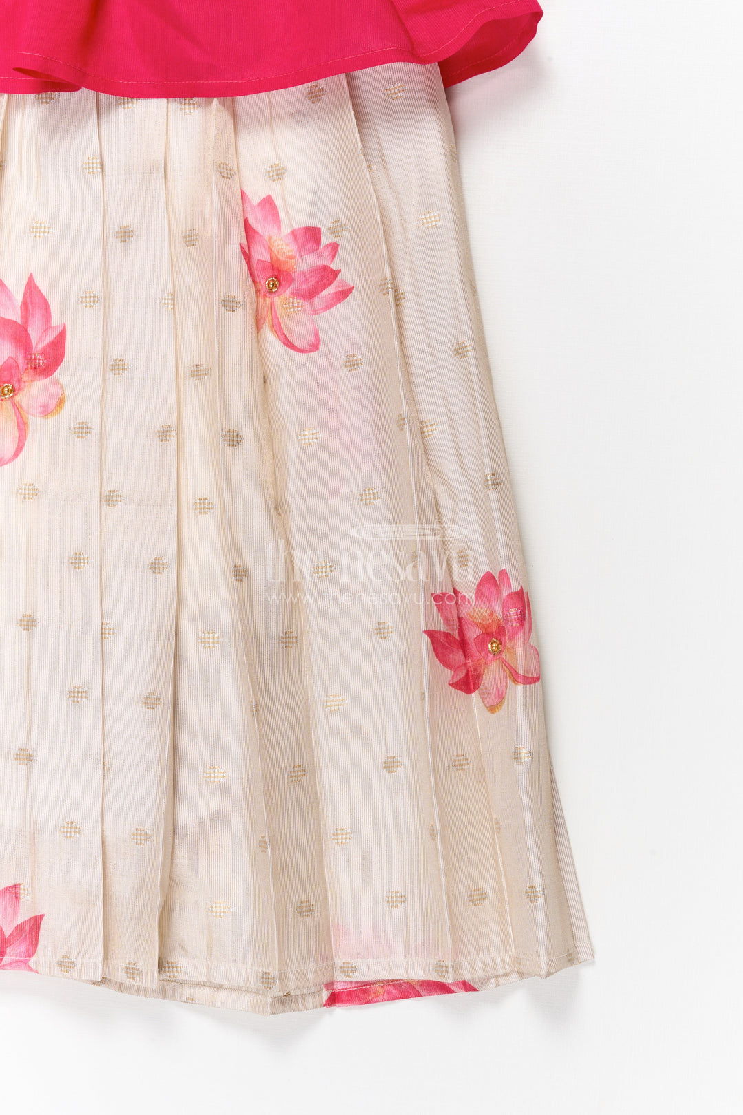 The Nesavu Pattu Pavadai Toddler Girl Pattu Pavadai with Lotus Print Skirt for Traditional Events Nesavu 18 (2Y) / Deeppink / Silk Blend GPP358B-18 Nesavu toddler girl pattu pavadai with digital lotus print skirt and scallop blouse for cultural occasions