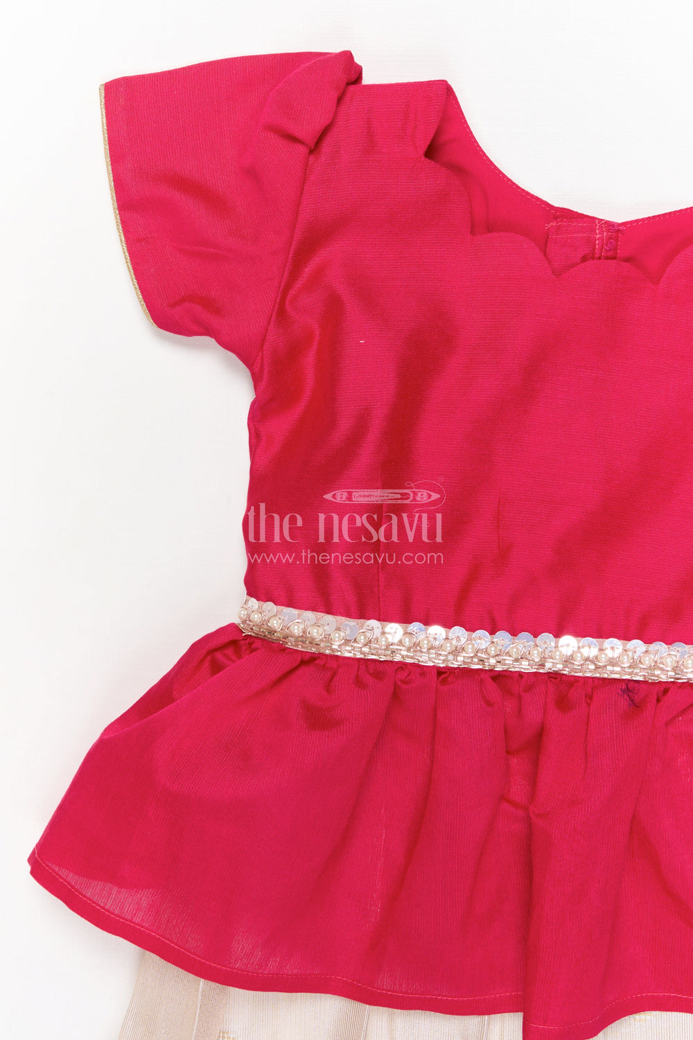 The Nesavu Pattu Pavadai Toddler Girl Pattu Pavadai with Lotus Print Skirt for Traditional Events Nesavu 18 (2Y) / Deeppink / Silk Blend GPP358B-18 Nesavu toddler girl pattu pavadai with digital lotus print skirt and scallop blouse for cultural occasions