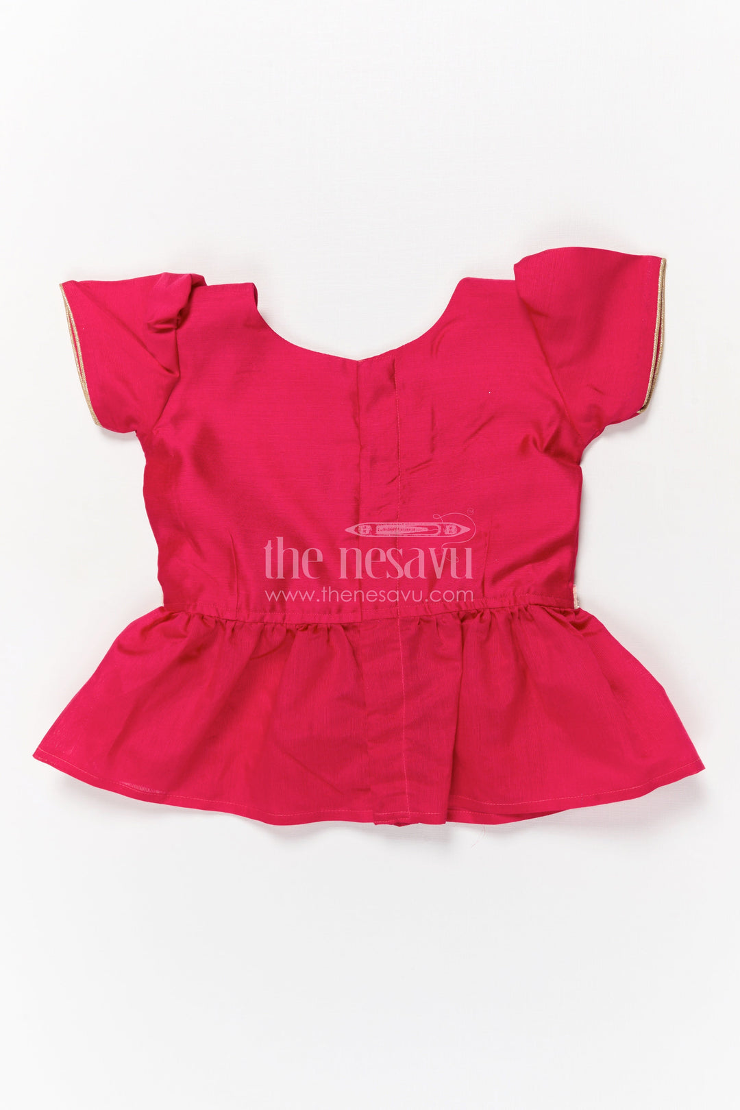 The Nesavu Pattu Pavadai Toddler Girl Pattu Pavadai with Lotus Print Skirt for Traditional Events Nesavu 18 (2Y) / Deeppink / Silk Blend GPP358B-18 Nesavu toddler girl pattu pavadai with digital lotus print skirt and scallop blouse for cultural occasions