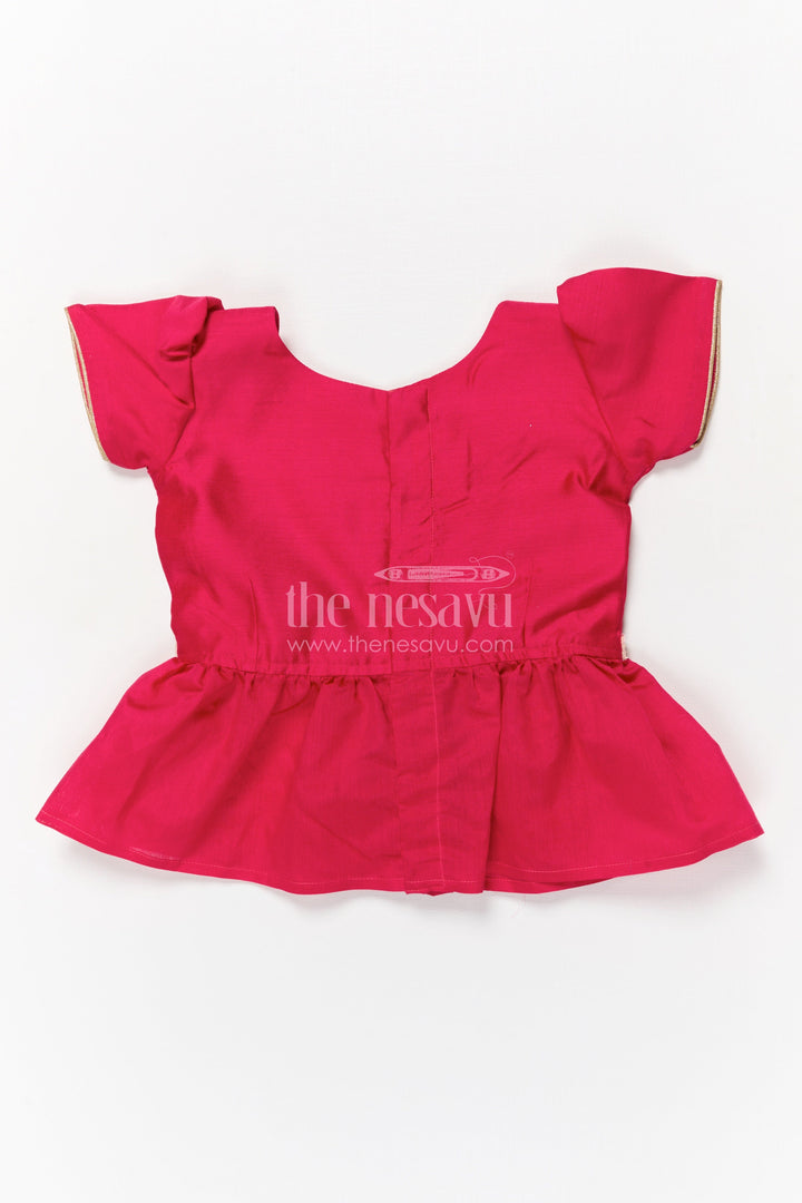 The Nesavu Pattu Pavadai Toddler Girl Pattu Pavadai with Lotus Print Skirt for Traditional Events Nesavu 18 (2Y) / Deeppink / Silk Blend GPP358B-18 Nesavu toddler girl pattu pavadai with digital lotus print skirt and scallop blouse for cultural occasions