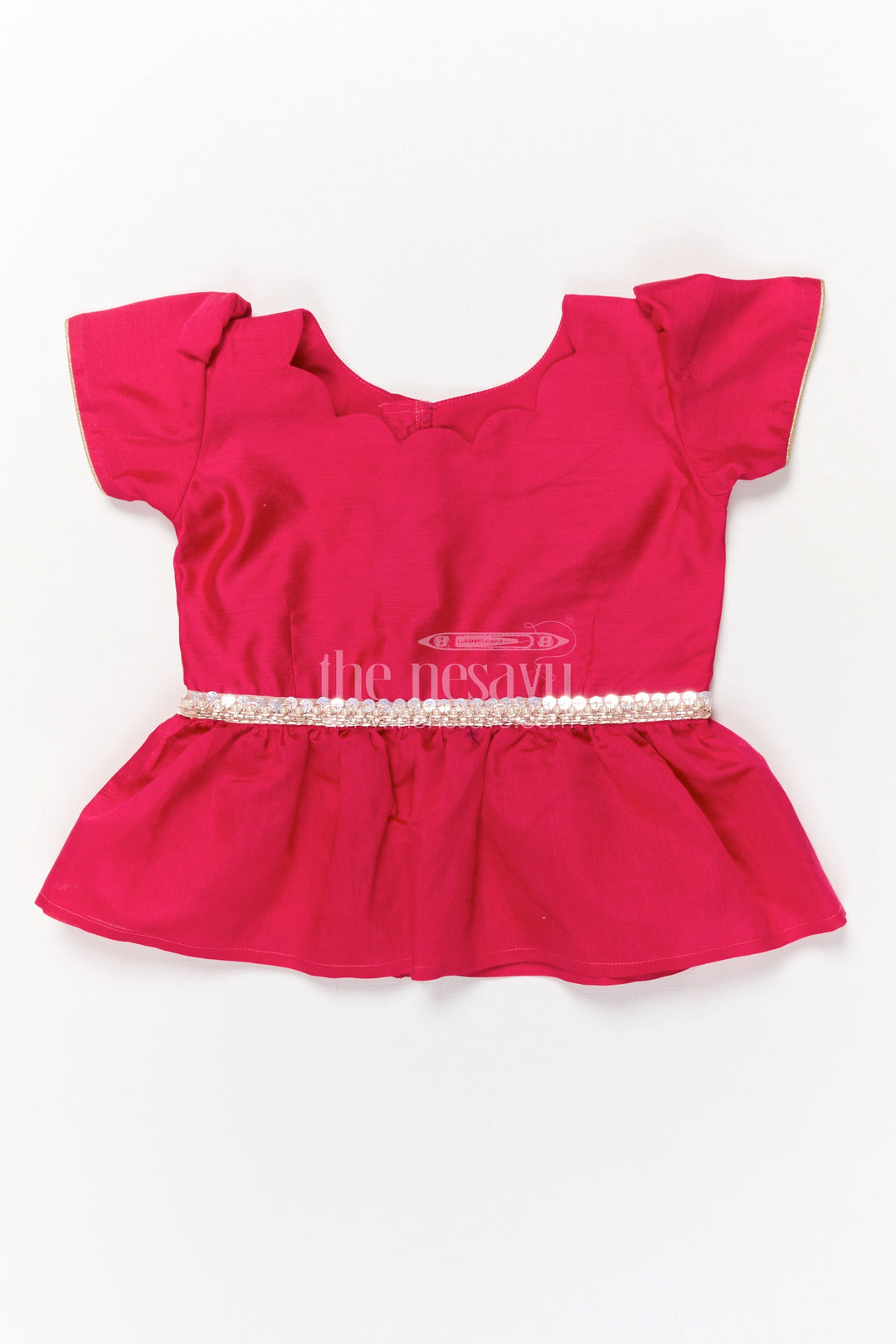 The Nesavu Pattu Pavadai Toddler Girl Pattu Pavadai with Lotus Print Skirt for Traditional Events Nesavu 18 (2Y) / Deeppink / Silk Blend GPP358B-18 Nesavu toddler girl pattu pavadai with digital lotus print skirt and scallop blouse for cultural occasions