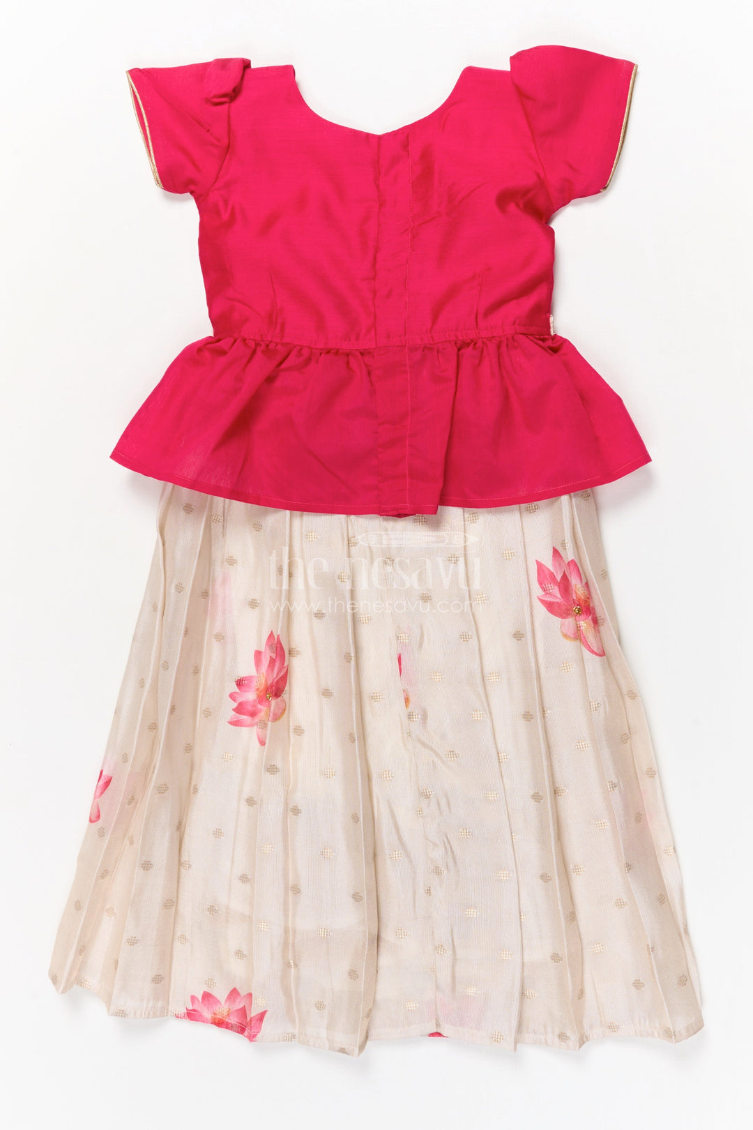 The Nesavu Pattu Pavadai Toddler Girl Pattu Pavadai with Lotus Print Skirt for Traditional Events Nesavu 18 (2Y) / Deeppink / Silk Blend GPP358B-18 Nesavu toddler girl pattu pavadai with digital lotus print skirt and scallop blouse for cultural occasions