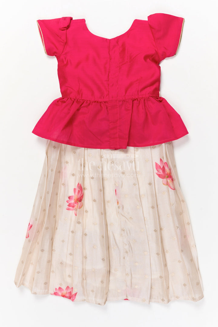 The Nesavu Pattu Pavadai Toddler Girl Pattu Pavadai with Lotus Print Skirt for Traditional Events Nesavu 18 (2Y) / Deeppink / Silk Blend GPP358B-18 Nesavu toddler girl pattu pavadai with digital lotus print skirt and scallop blouse for cultural occasions
