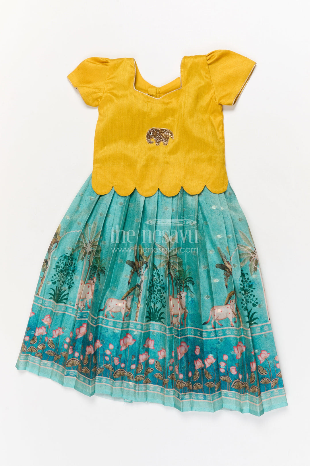 The Nesavu Pattu Pavadai Toddler Girl Pattu Pavadai with Raw Silk Yoke and Art Silk Skirt for Celebration Nesavu Nesavu toddler girl pattu pavadai with raw silk yoke and semi Banaras art silk skirt for family functions