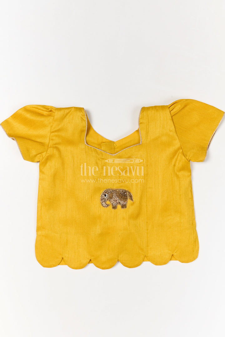 The Nesavu Pattu Pavadai Toddler Girl Pattu Pavadai with Raw Silk Yoke and Art Silk Skirt for Celebration Nesavu Nesavu toddler girl pattu pavadai with raw silk yoke and semi Banaras art silk skirt for family functions